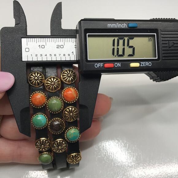 VTG Barse Black Leather Semi Precious Stone Accent Multi Strand Cuff Bracelet - Picture 5 of 14